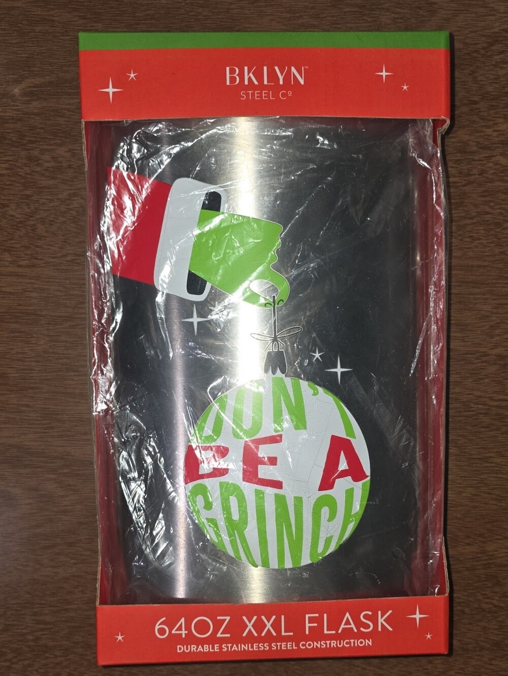 9BKLYN Steel 64oz XXL Flask - Silver with Grinch Holiday Graphic